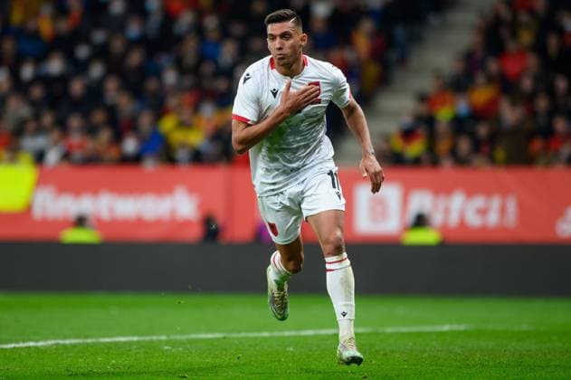 March 26, 2022, Cornella, Spain: Myrto Uzuni of Albania celebrate a goal during the International Friendly, Länderspiel, Nationalmannschaft match between Spain andAlbania at RCDE Stadium in Cornella, Spain, Cornella Spain - ZUMAd159 20220326_zia_d159_081 Copyright: xGerardxFrancox