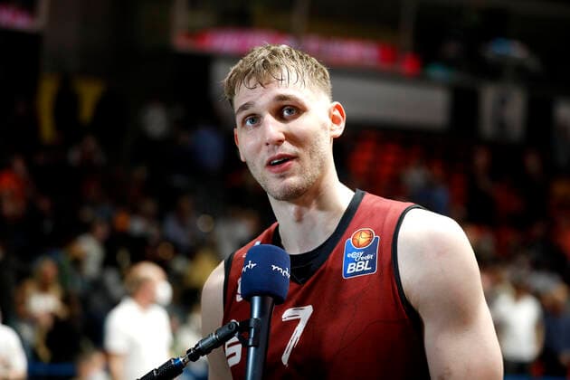 27 03 2022, easyCredit Basketball Bundesliga, BBL, season 2021 2022, men, Chemnitz Niners Alba Berlin Jonas Richter, Niners Chemnitz during interview Chemnitz Fair Chemnitz Saxony Germany