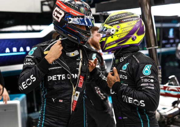 63 George Russell GBR, Mercedes AMG Petronas F1 Team , 44 Lewis Hamilton GBR, Mercedes AMG Petronas F1 Team , F1 Grand Prix of Saudi Arabia at Jeddah Corniche Circuit on March 27, 2022 in Jeddah, Saudi Arabia Photo by HOCH ZWEI Jeddah Saudi Arabia