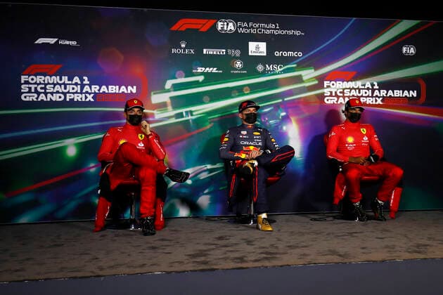 LECLERC Charles (mco), Scuderia Ferrari F1-75, VERSTAPPEN Max (ned), Red Bull Racing RB18, SAINZ Carlos (spa), Scuderia Ferrari F1-75, portrait, post race press conference, PK, Pressekonferenz during the Formula 1 STC Saudi Arabian Grand Prix 2022, 2nd round of the 2022 FIA Formula One World Championship, WM, Weltmeisterschaft on the Jeddah Corniche Circuit, from March 25 to 27, 2022 in Jeddah, Saudi Arabia - F1 - SAUDI ARABIAN GRAND PRIX 2022 - RACE DPPI Panoramic  GP2202_192315_31I9866