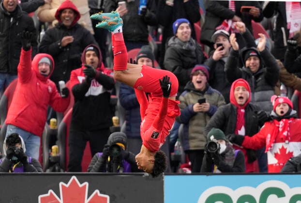 March 27, 2022, TORONTO, ON, CANADA: Canada s Tajon Buchanan does a backflip after scoring against Jamaica during first half CONCACAF World Cup soccer qualifying action in Toronto on Sunday, March 27, 2022. Canada News - March 27, 2022  - ZUMAc35_ 20220327_zaf_c35_090 Copyright: xFrankxGunnx