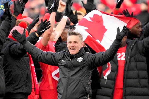 March 27, 2022, TORONTO, ON, CANADA: Canada head coach John Herdman celebrates the team s win following second half CONCACAF World Cup soccer qualifying action against Jamaica, in Toronto on Sunday, March 27, 2022. Canada News - March 27, 2022  - ZUMAc35_ 20220327_zaf_c35_135 Copyright: xFrankxGunnx