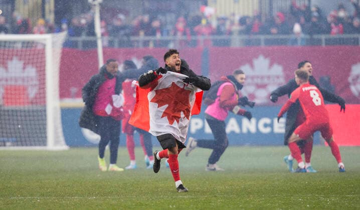 Sport Themen der Woche KW12 Sport Bilder des Tages (220328) -- TORONTO, March 28, 2022 -- Jonathan Osorio of Canada celebrates victory after the FIFA World Cup, WM, Weltmeisterschaft, Fussball CONCACAF qualifiers match between Canada and Jamaica in Toronto, Canada, on March 27, 2022. (Photo by Zou Zheng Xinhua) (SP)CANADA-TORONTO-SOCCER-FIFA WORLD CUP QUALIFICATION-CANADA VS JAMAICA LinxWei 