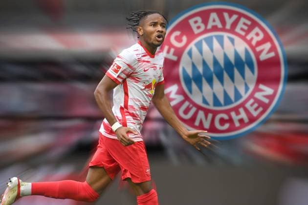 PHOTOMONTAGE FC Bayern Muenchen with interest in Christopher NKUNKU archive photo goal celebration Christopher NKUNKU L after goal to 5 0, action, jubilation, joy, enthusiasm, football 1 Bundesliga, 6 Spieltag,Spieltag06, RB Leipzig L Hertha BSC Berlin B 6 0, on 25 09 2021 in LEIPZIG, R E D B U L A R E N A, Â