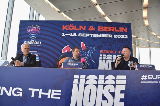 Armin Andres, DBB Vice President German Basketball Federation , basketball player Dirk Nowitzki as German Ambassador of FIBA EuroBasket 2022 and Christoph Büker, Press Spokesman of DBB German Basketball Federation , l r, at the press conference in Cologne.