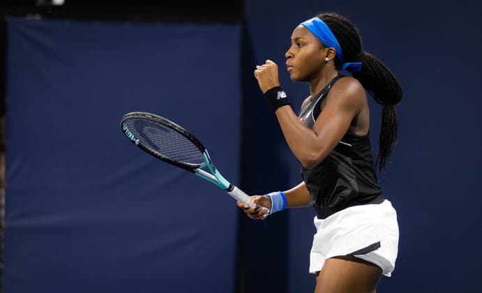 March 28, 2022, MIAMI, FLORIDA, UNITED STATES: Cori Gauff of the United States & Catherine McNally of the United States playing doubles at the 2022 Miami Open WTA, Tennis Damen 1000 tennis tournament MIAMI UNITED STATES - ZUMAa181 20220328_zaa_a181_090 Copyright: xRobxPrangex