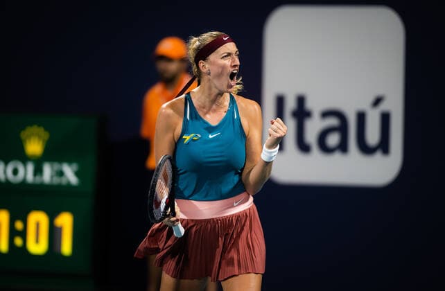March 28, 2022, MIAMI, FLORIDA, UNITED STATES: Petra Kvitova of the Czech Republic in action during the fourth round of the 2022 Miami Open WTA, Tennis Damen 1000 tennis tournament against Veronika Kudermetova of Russia MIAMI UNITED STATES - ZUMAa181 20220328_zaa_a181_106 Copyright: xRobxPrangex