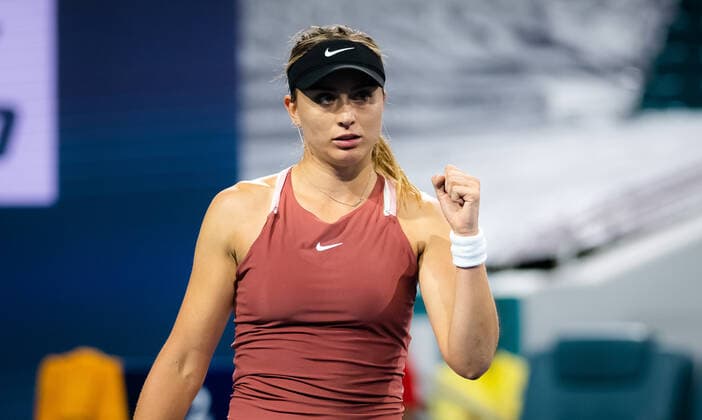 March 28, 2022, MIAMI, FLORIDA, UNITED STATES: Paula Badosa of Spain in action during the fourth round of the 2022 Miami Open WTA, Tennis Damen 1000 tennis tournament against Linda Fruhvirtova of the Czech Republic MIAMI UNITED STATES - ZUMAa181 20220328_zaa_a181_122 Copyright: xRobxPrangex