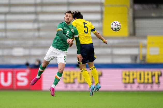 220329 Lee O Connor of Ireland and Eric Kahl of Sweden during the UEFA European Under 21 Qualifier football match between Sweden and Ireland on March 29, 2022 in Boras Photo Jörgen Jarnberger BILDBYRAN COP 112 MB0362 fotboll football soccer fotball em kval kval uefa european under 21 qualifier u21 qualifier qualifying round qualification sverige sweden irland ireland bbeng,  Copyright: JÖRGENxJARNBERGER BB220329JJ016