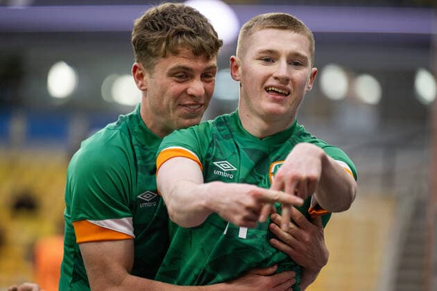 220329 Ross Tierney of Ireland celebrates the 0 1 goal during the UEFA European Under 21 Qualifier football match between Sweden and Ireland on March 29, 2022 in Boras Photo Mathias Bergeld BILDBYRAN kod MB MB0362 fotboll football soccer fotball em kval kval uefa european under 21 qualifier u21 qualifier qualifying round qualification sverige sweden irland ireland bbeng jubel,  Copyright: MATHIASxBERGELD BB220329MB014