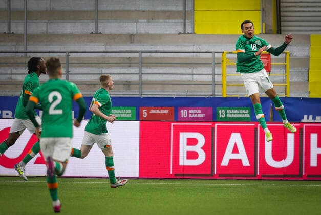 Ireland s Tyreik Wright 18, right celebrates scoring during the UEFA European Under 21 Championship qualifying soccer match group F between Sweden and Poland at Boras Arena in Boras, Sweden, on March 29, 2022 Photo Adam Ihse TT code 9200 BORÅS SWEDEN SOCCER x9200x,  Copyright: xAdamxIhse TTx U21 QUALIFYER SWEDEN VS IRELAND