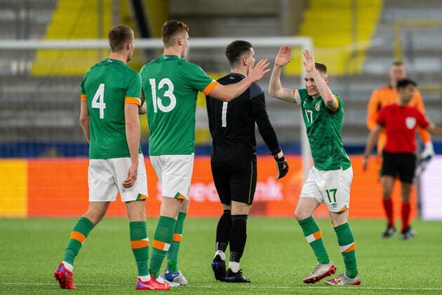 220329 Ross Tierney of Ireland celebrates after the UEFA European Under 21 Qualifier football match between Sweden and Ireland on March 29, 2022 in Boras Photo Mathias Bergeld BILDBYRAN kod MB MB0362 fotboll football soccer fotball em kval kval uefa european under 21 qualifier u21 qualifier qualifying round qualification sweden sweden irland ireland bbeng cheers,  Copyright: MATHIASxBERGELD BB220329MB036