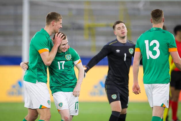 Ireland s Mark McGuinness L and Ross Tierney 17 celebrate after the UEFA European Under 21 Championship qualifying soccer match group F between Sweden and Poland at Boras Arena in Boras, Sweden, on March 29, 2022 Photo Adam Ihse TT code 9200 BORÅS SWEDEN SOCCER x9200x,  Copyright: xAdamxIhse TTx U21 QUALIFYER SWEDEN VS IRELAND