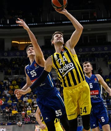 Jan Vesely (R) of Fenerbahce Beko Istanbul and Ben Lammers (L) of Alba Berlin in action during the Turkish Airlines EuroLeague Regular Season Round 21 match between Fenerbahce Beko Istanbul and Alba Berlin at Ulker Sports Arena in Istanbul, Turkey , on March 29, 2022 
