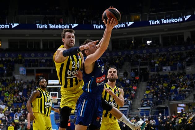 Melih Mahmutoglu (10) , Jan Vesely (24) of Fenerbahce Beko Istanbul and Malte Delow (6) of Alba Berlin in action during the Turkish Airlines EuroLeague Regular Season Round 21 match between Fenerbahce Beko Istanbul and Alba Berlin at Ulker Sports Arena in Istanbul, Turkey , on March 29, 2022 