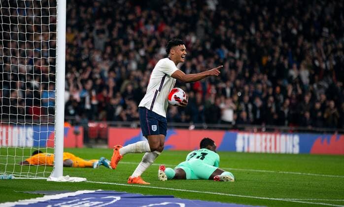 Mandatory Credit: Photo by JASONPIX Shutterstock (12873293i) Ollie Watkins of England celebrates after he scores the opening goal to put England 1-0 up England v Ivory Coast (Cote D Ivoire) - International Friendly, Länderspiel, Nationalmannschaft Football, Wembley Stadium. UK. 29 MAR 2022 Editorial use only England v Ivory Coast (Cote D Ivoire) - International Friendly. Football, Wembley Stadium. UK. 29 MAR 2022 Editorial use only  Copyright: xJASONPIX Shutterstockx 12873293i