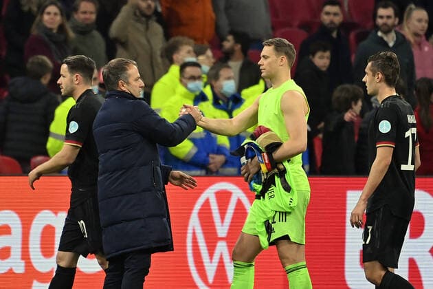 National coach Hans Dieter Hansi FLICK GER with goalkeeper Manuel NEUER GER after the end of the game Football match Netherlands Germany 1 1 on 29 03 2022 in Amsterdam Johan Cruyff Arena UEFA regulations prohibit any use of photographs as image sequences and or quasi video
