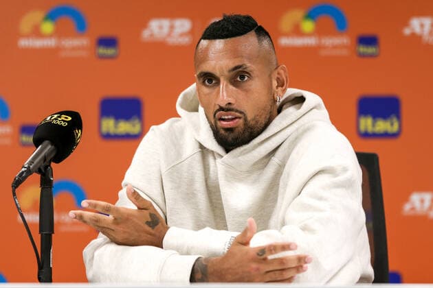 Tennis, ATP-Turnier in Miami March 29, 2022, Austin, Texas, United States: Nick Kyrgios (AUS) speaks to the media after his men s singles fourth round at the Miami Open presented by Itau at Hard Rock Stadium in Miami Gardens, Florida. Austin United States - ZUMAw109 20220329_zap_w109_026 Copyright: xDebbyxWongx