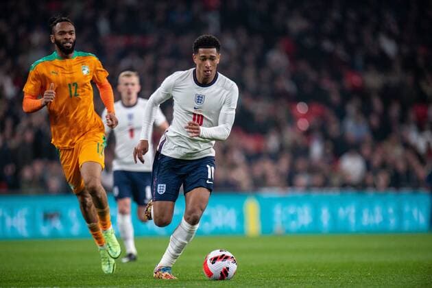 LONDON, ENGLAND - MARCH 29: Borussia Dortmund player {persons} of England during the International Friendly, Länderspiel, Nationalmannschaft match between England and Ivory Coast at Wembley Stadium on March 29, 2022 in London, E England v Ivory Coast - International Friendly Copyright: xSebastianxFrejx