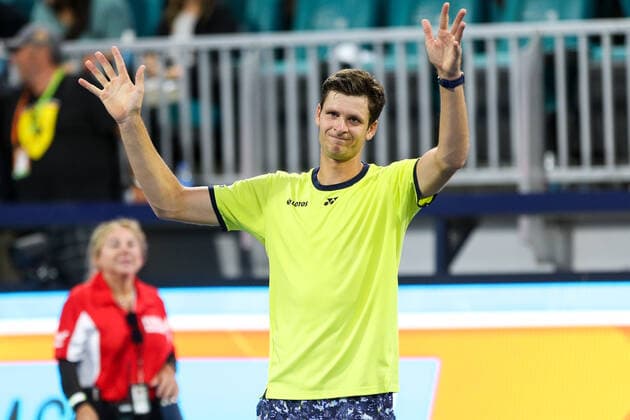 March 29, 2022, Miami Gardens, Florida, United States: Hubert Hurkacz (POL) reacts after winning his men s singles fourth round at the Miami Open presented by Itau at Hard Rock Stadium in Miami Gardens, Florida. Miami Gardens United States - ZUMAw109 20220329_zap_w109_051 Copyright: xDebbyxWongx