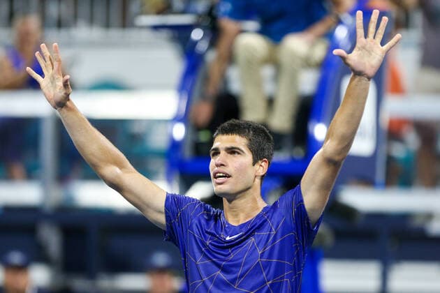 March 29, 2022, Miami Gardens, Florida, United States: Carlos Alcaraz (ESP) reacts after winning his men s singles fourth round match at the Miami Open presented by Itau at Hard Rock Stadium in Miami Gardens, Florida. Miami Gardens United States - ZUMAw109 20220329_zap_w109_119 Copyright: xDebbyxWongx