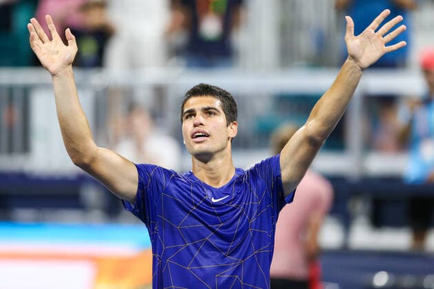 March 29, 2022, Miami Gardens, Florida, United States: Carlos Alcaraz (ESP) reacts after winning his men s singles fourth round match at the Miami Open presented by Itau at Hard Rock Stadium in Miami Gardens, Florida. Miami Gardens United States - ZUMAw109 20220329_zap_w109_122 Copyright: xDebbyxWongx
