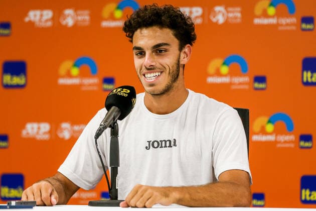 March 30, 2022, Miami Gardens, Florida, United States: Francisco Cerundolo (ARG) speaks to the media after his men s singles fourth round match at the Miami Open presented by Itau at Hard Rock Stadium in Miami Gardens, Florida. Miami Gardens United States - ZUMAw109 20220330_zap_w109_031 Copyright: xDebbyxWongx