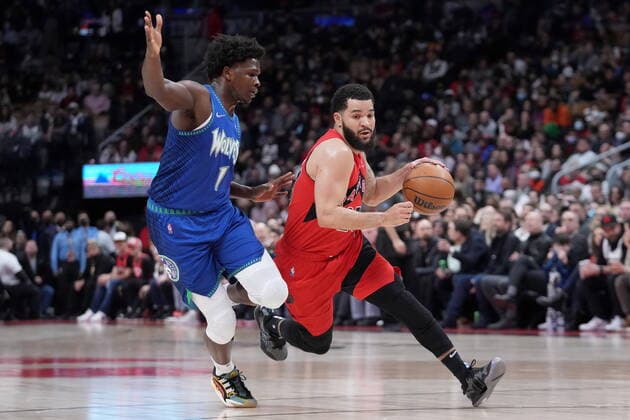 March 30, 2022, TORONTO, ON, CANADA: Toronto Raptors guard Fred VanVleet (23) drives past Minnesota Timberwolves forward Anthony Edwards (1) during first half NBA, Basketball Herren, USA basketball action in Toronto, Wednesday, March 30, 2022. Canada News - March 30, 2022  - ZUMAc35_ 20220330_zaf_c35_129 Copyright: xNathanxDenettex