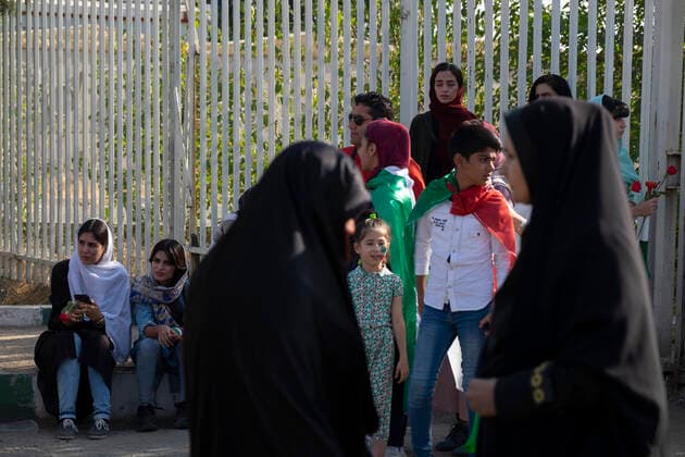 Female Fans, Iran, World Cup Two policewomen monitor an area as Iranian soccer fans wait to enter the Azadi (Freedom) stadium in western Tehran, October 10, 2019. Despite the Iranian sports ministry making tickets for Iranian female soccer fans for the March 29th match between Iran and Lebanon, they were denied entry, making the Iranian football federation fear they will be banned from the 2022 World Cup in Qatar. Tehran Tehran Iran  Copyright: xMortezaxNikoubazlx originalFilename:nikoubazl-femalefa191010_npOe9.jpg