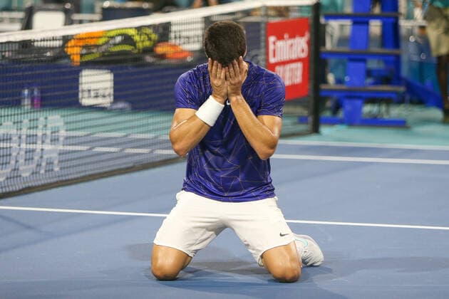 March 31, 2022, Miami Gardens, Florida, United States: Carlos Alcaraz (ESP) reacts after winning his men s singles quarterfinals match at the Miami Open presented by Itau at Hard Rock Stadium in Miami Gardens, Florida. Miami Gardens United States - ZUMAw109 20220331_zap_w109_056 Copyright: xDebbyxWongx