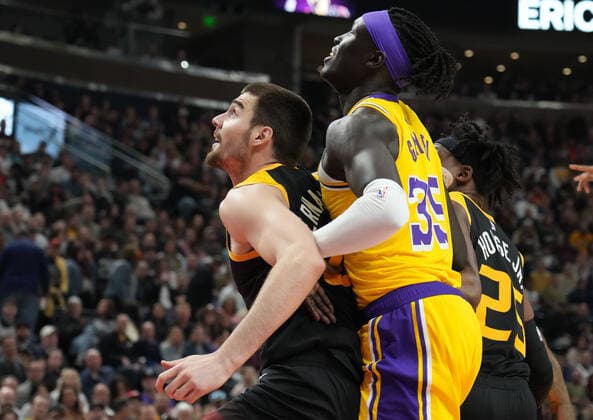 Utah Jazz forward Juancho Hernangomez (L) looks to rebound with Los Angeles Lakers forward Wenyen Gabriel (35) during an NBA, Basketball Herren, USA game in Vivint Smart Home Arena in Salt Lake City, Utah, USA, 31 March 2022. Utah Jazz - Los Angeles Lakers !ACHTUNG: NUR REDAKTIONELLE NUTZUNG!  Copyright: xGEORGExFREYx AME7925 20220401-25d6fe6e141c03666a6e932712a56571894cf733