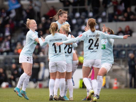 Anna Gerhardt 21 Potsdam , Dina Orschmann 11 Potsdam , Merle Barth 28 Potsdam , Sophie Weidauer 14 Potsdam , Karen Holmgaard 24 Potsdam celebrate the goal to 2 0 during the Flyeralarm womens Bundesliga match 1 FFC Turbine Potsdam 1 FC Köln on 02 04 2022 Potsdam Karl Liebnkecht Stadion Brandenburg Germany