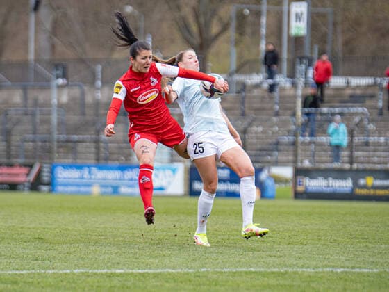 Francesca Calo 2 FC Cologne and Melissa Kössler 25 Potsdam in action during the Flyeralarm womens Bundesliga match 1 FFC Turbine Potsdam 1 FC Cologne on 02 04 2022 Potsdam Karl Liebnkecht Stadion Brandenburg Germany