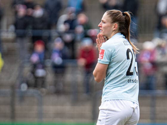 Melissa Kössler 25 Potsdam upset at Flyeralarm womens Bundesliga match 1 FFC Turbine Potsdam 1 FC Köln on 02 04 2022 Potsdam Karl Liebnkecht Stadion Brandenburg Germany