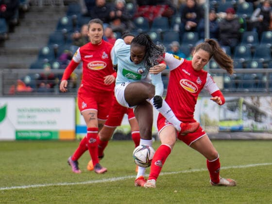 Sabrina Horvat 3 FC Cologne and Teninsoun Sissoko 23 Potsdam in action during the Flyeralarm womens Bundesliga match 1 FFC Turbine Potsdam 1 FC Cologne on 02 04 2022 Potsdam Karl Liebnkecht Stadion Brandenburg Germany