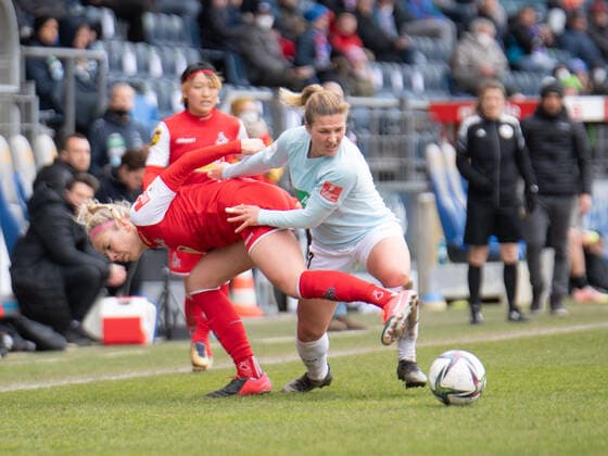 Sharon Beck 10 FC Cologne and Dina Orschmann 11 Potsdam in action at the Flyeralarm womens Bundesliga match 1 FFC Turbine Potsdam 1 FC Cologne on 02 04 2022 Potsdam Karl Liebnkecht Stadion Brandenburg Germany