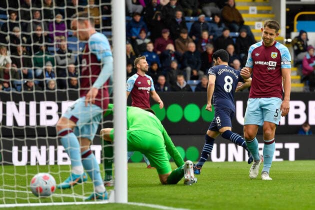 2nd April 2022 ; Turf Moor, Burnley, Lancashire, England; Premier League football, Burnley versus Manchester City; Ilkay Gundogan of Manchester City celebrates as he scores their second goal of the game in the 25th minute  ActionPlus12374707 GaryxOakley