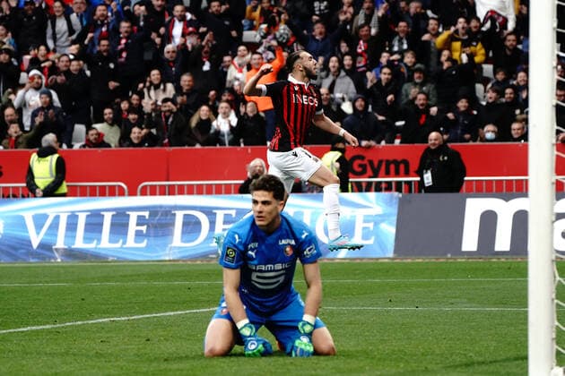 Joie - Amine Gouiri (OGC Nice) - deception - Dogan Alemdar (Stade Rennais) FOOTBALL : OGC Nice vs Rennes - Ligue 1 Uber Eats - Nice - 02 04 2022 NorbertScanella Panoramic 