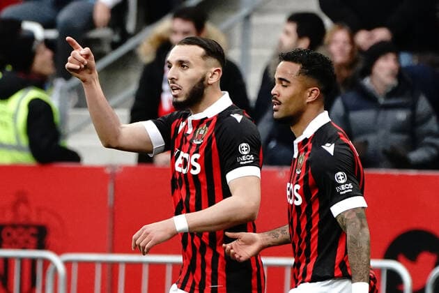 Joie - Amine Gouiri (OGC Nice) - Andy Delort (OGC Nice) - Justin Kluivert (OGC Nice) FOOTBALL : OGC Nice vs Rennes - Ligue 1 Uber Eats - Nice - 02 04 2022 NorbertScanella Panoramic 