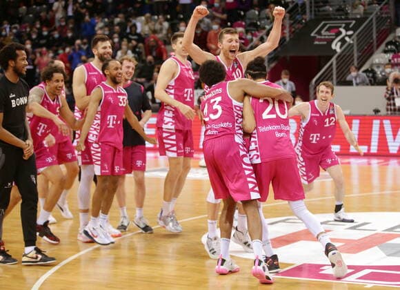 Rejoicing after victory of Telekom Baskets Bonn vs MHP RIESEN Ludwigsburg easyCredit BBL 1 Bundesliga , season 2021 2022 , main round 28 matchday