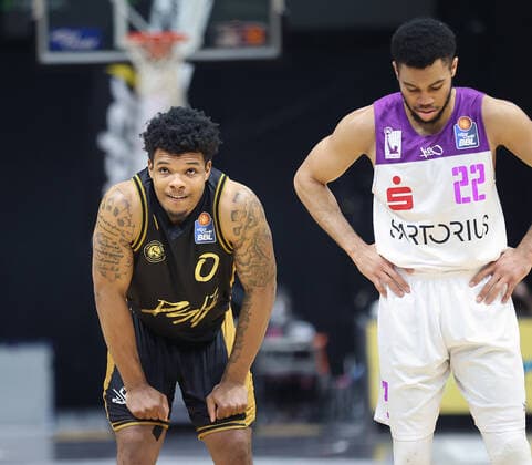 Tookie Brown Basketball Loewen Braunschweig is pleased while Stephen Brown Jr BG Goettingen is disappointed