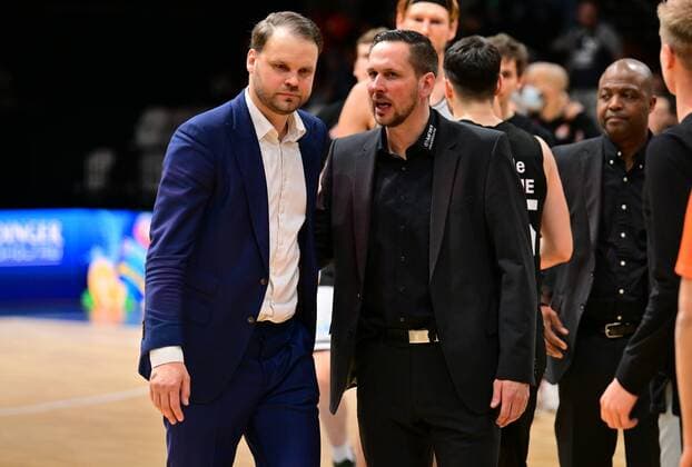 03 04 2022 Basketball Season 2021 2022 2 Bundesliga Pro A 33 Matchday Nürnberg Falcons Basketball Club NBC Medipolis SC Jena Vytautas Buzas Coach Headcoach Nürnberg Falcons BC NBC Domenik Reinboth Coach Headcoach Medipolis SC Jena after end of game