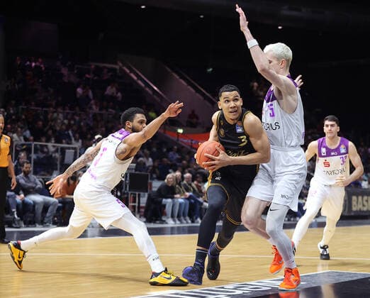 Jeff Roberson BG Goettingen , Nicholas Tischler Basketball Loewen Braunschweig , Philipp Hartwich BG Goettingen