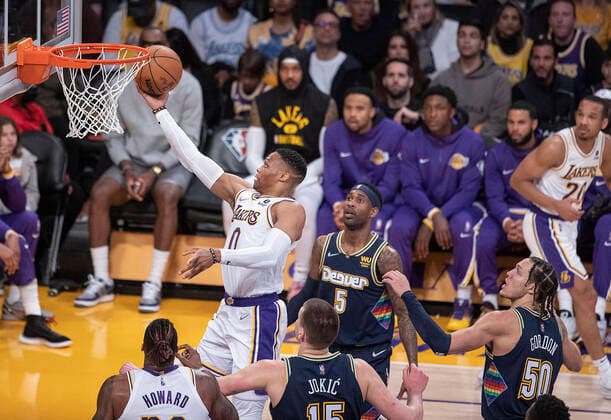 Russell Westbrook 0 of the Los Angeles Lakers puts up a layup during their NBA, Basketball Herren, USA game against the Denver Nuggets on Sunday April 3, 2022 at Crypto.com Arena in Los Angeles, California. Lakers vs. Nuggets !ACHTUNG: NUR REDAKTIONELLE NUTZUNG!  Copyright: xJAVIERxROJAS EFEx AME8577 20220403-42806782bdd596887524b70bcb2a3919c9b46585
