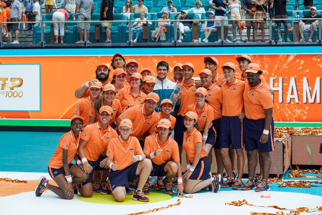 MIAMI GARDENS, FL - APRIL 3: Carlos Alcaraz during the trophy ceremony as the winner of the Men s Final of the Miami Open on APRIL 3, 2022 at Hard Rock Stadium in Miami Gardens, FL. (Photo by Aaron Gilbert Icon Sportswire) TENNIS: APR 03 Miami Open Icon22040323814