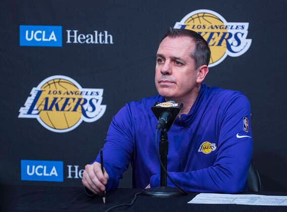April 3, 2022, Los Angeles, California, USA: Head coach, Frank Vogel of the Los Angeles Lakers during a press conference, PK, Pressekonferenz after losing their NBA, Basketball Herren, USA game against the Denver Nuggets on Sunday April 3, 2022 at Crypto.com Arena in Los Angeles, California. Lakers lose to Nuggets, 118-129. PI Los Angeles USA - ZUMAp124 20220403_zaa_p124_042 Copyright: xJAVIERxROJASx