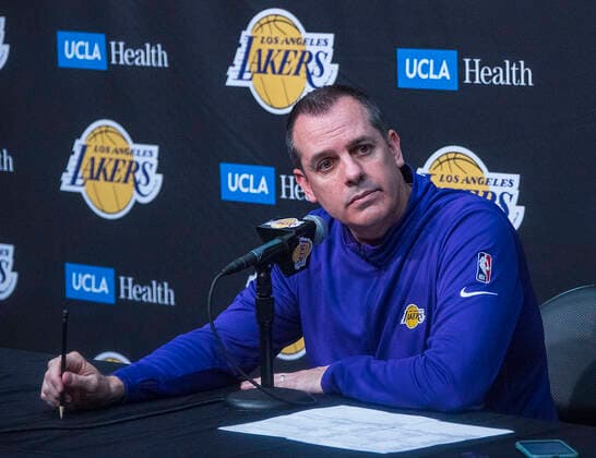 April 3, 2022, Los Angeles, California, USA: Head coach, Frank Vogel of the Los Angeles Lakers during a press conference, PK, Pressekonferenz after losing their NBA, Basketball Herren, USA game against the Denver Nuggets on Sunday April 3, 2022 at Crypto.com Arena in Los Angeles, California. Lakers lose to Nuggets, 118-129. PI Los Angeles USA - ZUMAp124 20220403_zaa_p124_043 Copyright: xJAVIERxROJASx