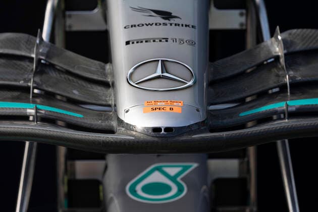 April 6, 2022, Melbourne, Victoria, Australia: Nose cones of the Mercedes-AMG Petronas F1 Team cars in pit lane preparations for the 2022 Australian Grand Prix at the Albert Park Grand Prix circuit. Melbourne Australia - ZUMAs197 20220406_zaa_s197_106 Copyright: xGeorgexHitchensx