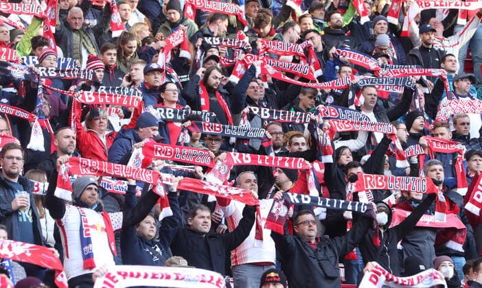 RB Leipzig Bergamo 07 04 2022 Leipzig, 07 04 2022, Red Bull Arena, Football, UEFA Europa League, Quarterfinal , RB Leipzig vs Atalanta Bergamo , In picture Fans of RB Leipzig , UEFA regulations prohibit any use of photographs as image sequences and or quasi video