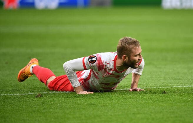 Football, Men, 2021 2022 season, Europa League quarterfinals, first leg , RB Leipzig Atalanta Bergamo, Konrad Laimer RB Leipzig , 07 04 2022, Copyright: xSebastianxRäppoldx xMatthiasxKochx